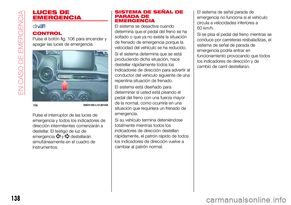 Abarth 124 Spider 2017 Manual de Empleo y Cuidado (in Spanish) LUCES DE
EMERGENCIA
CONTROL
Pulse el botón fig. 106 para encender y
apagar las luces de emergencia.
Pulse el interruptor de las luces de
emergencia y todos los indicadores de
dirección intermitentes Abarth 124 Spider 2017 Manual de Empleo y Cuidado (in Spanish) LUCES DE
EMERGENCIA
CONTROL
Pulse el botón fig. 106 para encender y
apagar las luces de emergencia.
Pulse el interruptor de las luces de
emergencia y todos los indicadores de
dirección intermitentes