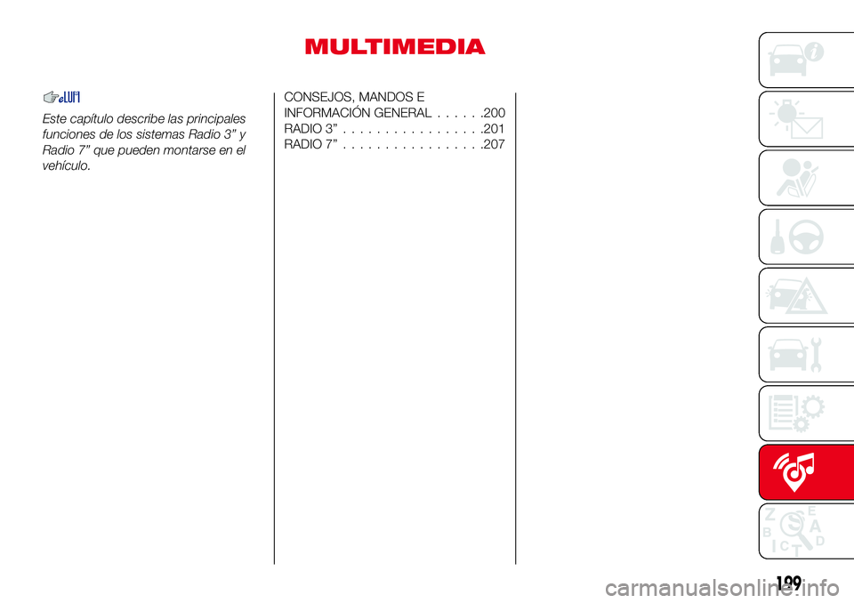 Abarth 124 Spider 2017  Manual de Empleo y Cuidado (in Spanish) MULTIMEDIA
Este capítulo describe las principales
funciones de los sistemas Radio 3” y
Radio 7” que pueden montarse en el
vehículo.
CONSEJOS, MANDOS E
INFORMACIÓN GENERAL......200
RADIO 3”...