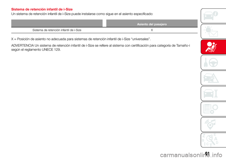 Abarth 124 Spider 2017  Manual de Empleo y Cuidado (in Spanish) Sistema de retención infantil de i-Size
Un sistema de retención infantil de i-Size puede instalarse como sigue en el asiento especificado:
Asiento del pasajero
Sistema de retención infantil de i-Si