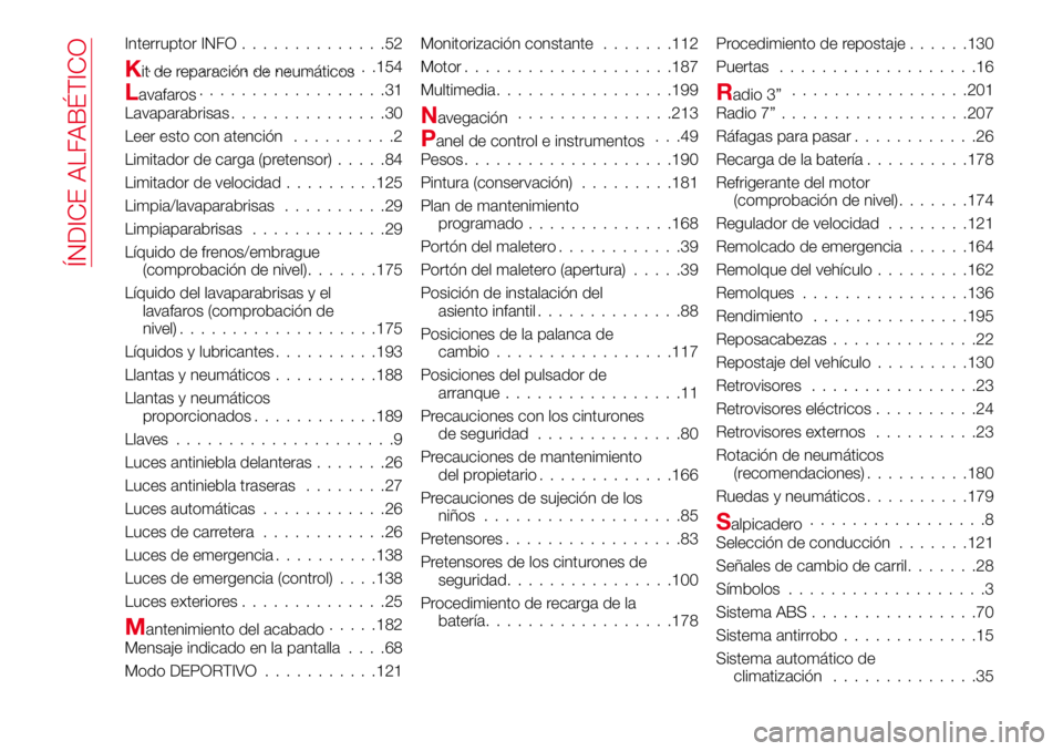 Abarth 124 Spider 2018 Manual de Empleo y Cuidado (in Spanish) Interruptor INFO..............52
Kit de reparación de neumáticos......................154
Lavafaros..................31
Lavaparabrisas...............30
Leer esto con atención..........2
Limitador d Abarth 124 Spider 2018 Manual de Empleo y Cuidado (in Spanish) Interruptor INFO..............52
Kit de reparación de neumáticos......................154
Lavafaros..................31
Lavaparabrisas...............30
Leer esto con atención..........2
Limitador d