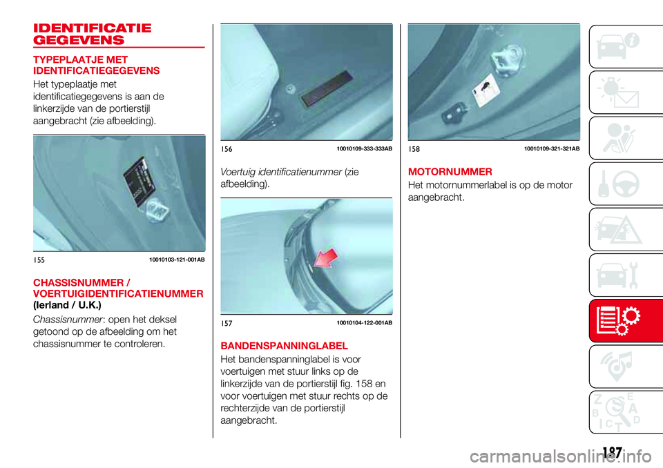 Abarth 124 Spider 2016  Instructieboek (in Dutch) IDENTIFICATIE
GEGEVENS
TYPEPLAATJE MET
IDENTIFICATIEGEGEVENS
Het typeplaatje met
identificatiegegevens is aan de
linkerzijde van de portierstijl
aangebracht (zie afbeelding).
CHASSISNUMMER /
VOERTUIGI