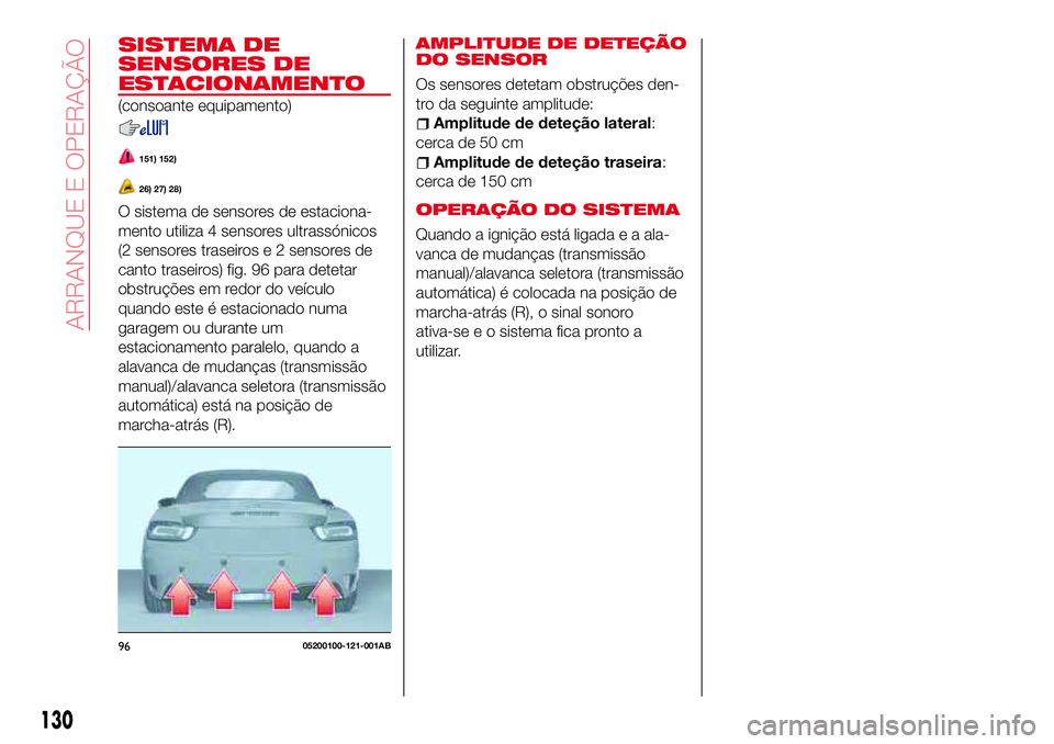 Abarth 124 Spider 2017  Manual de Uso e Manutenção (in Portuguese) SISTEMA DE
SENSORES DE
ESTACIONAMENTO
(consoante equipamento)
151) 152)
26) 27) 28)
O sistema de sensores de estaciona-
mento utiliza 4 sensores ultrassónicos
(2 sensores traseiros e 2 sensores de
ca