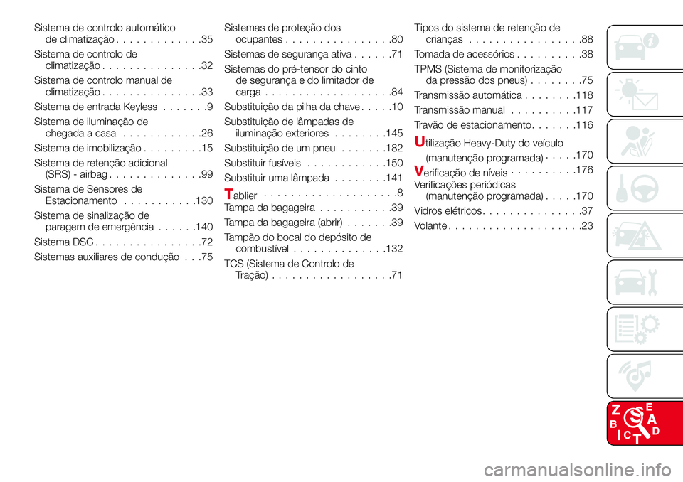 Abarth 124 Spider 2017  Manual de Uso e Manutenção (in Portuguese) Sistema de controlo automático
de climatização.............35
Sistema de controlo de
climatização...............32
Sistema de controlo manual de
climatização...............33
Sistema de entrada