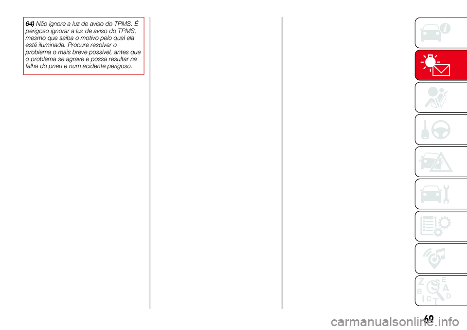 Abarth 124 Spider 2017  Manual de Uso e Manutenção (in Portuguese) 64)Não ignore a luz de aviso do TPMS. É
perigoso ignorar a luz de aviso do TPMS,
mesmo que saiba o motivo pelo qual ela
está iluminada. Procure resolver o
problema o mais breve possível, antes que