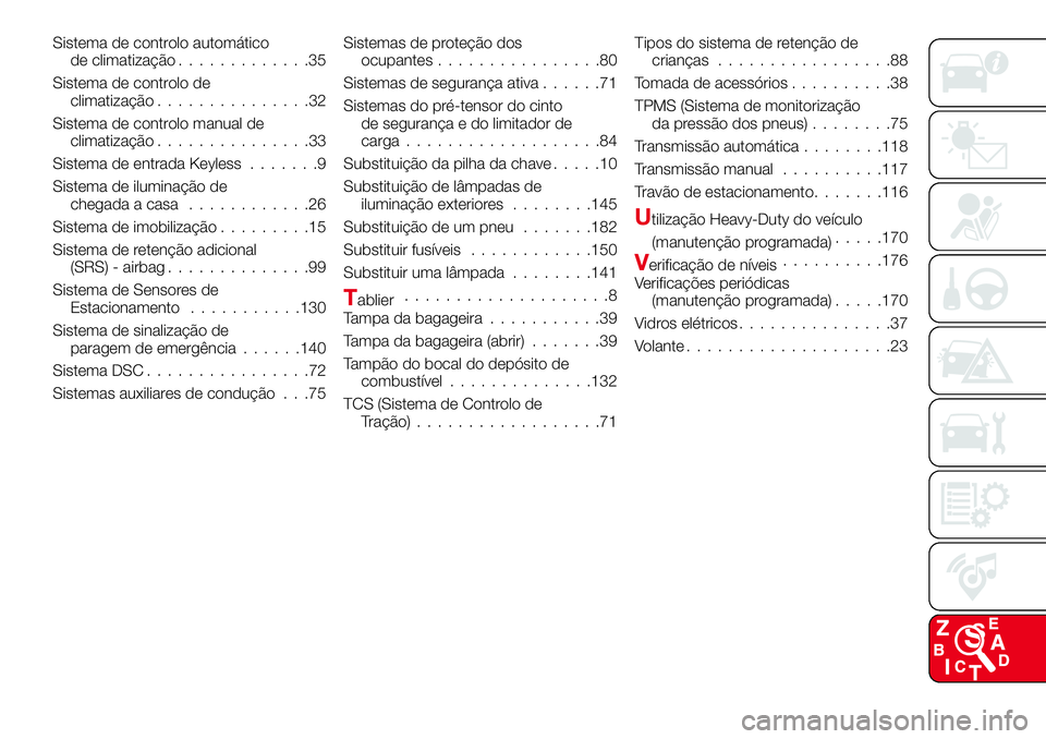 Abarth 124 Spider 2018  Manual de Uso e Manutenção (in Portuguese) Sistema de controlo automático
de climatização.............35
Sistema de controlo de
climatização...............32
Sistema de controlo manual de
climatização...............33
Sistema de entrada
