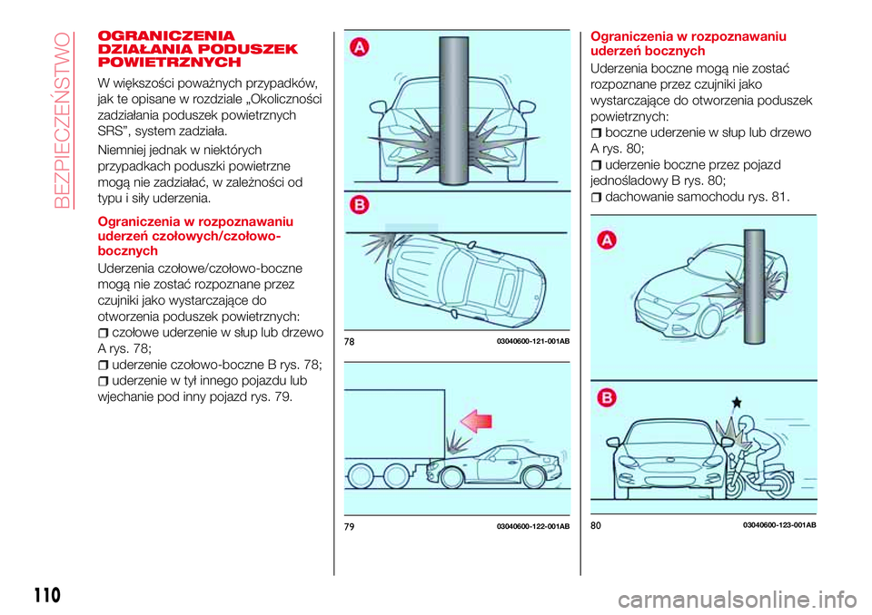 Abarth 124 Spider 2016  Instrukcja obsługi (in Polish) OGRANICZENIA
DZIAŁANIA PODUSZEK
POWIETRZNYCH
W większości poważnych przypadków,
jak te opisane w rozdziale „Okoliczności
zadziałania poduszek powietrznych
SRS”, system zadziała.
Niemniej j
