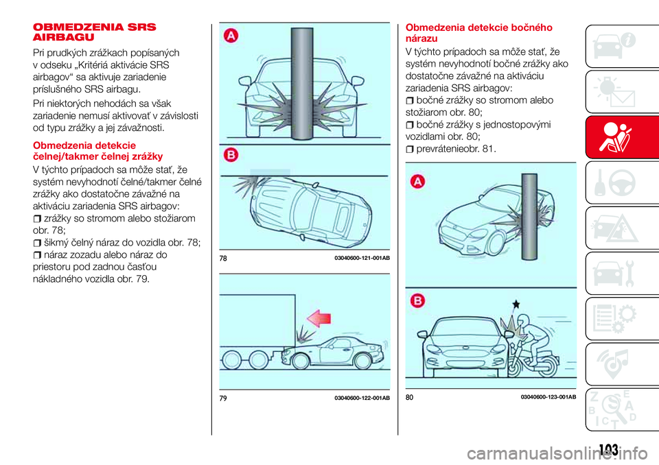 Abarth 124 Spider 2016  Návod na použitie a údržbu (in Slovak) OBMEDZENIA SRS
AIRBAGU
Pri prudkých zrážkach popísaných
v odseku „Kritériá aktivácie SRS
airbagov“ sa aktivuje zariadenie
príslušného SRS airbagu.
Pri niektorých nehodách sa však
zar