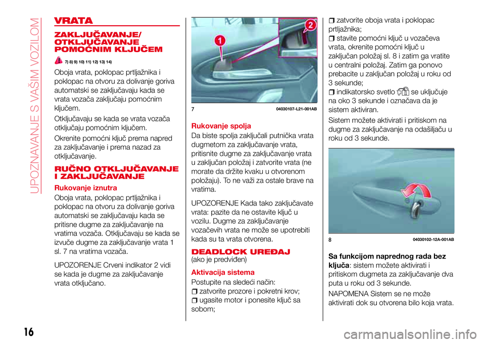 Abarth 124 Spider 2017 Knjižica za upotrebu i održavanje (in Serbian) VRATA
ZAKLJUČAVANJE/
OTKLJUČAVANJE
POMOĆNIM KLJUČEM
7) 8) 9) 10) 11) 12) 13) 14)
Oboja vrata, poklopac prtljažnika i
poklopac na otvoru za dolivanje goriva
automatski se zaključavaju kada se
vra Abarth 124 Spider 2017 Knjižica za upotrebu i održavanje (in Serbian) VRATA
ZAKLJUČAVANJE/
OTKLJUČAVANJE
POMOĆNIM KLJUČEM
7) 8) 9) 10) 11) 12) 13) 14)
Oboja vrata, poklopac prtljažnika i
poklopac na otvoru za dolivanje goriva
automatski se zaključavaju kada se
vra