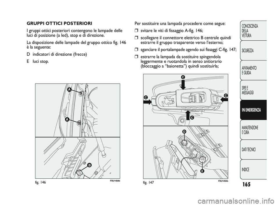 Abarth Punto 2012  Libretto Uso Manutenzione (in Italian) 165
CONOSCENZA
DELLA 
VETTURA
SICUREZZA
AVVIAMENTO
E GUIDA
SPIE E
MESSAGGI
IN EMERGENZA
MANUTENZIONE
E CURA
DATI TECNICI
INDICE
GRUPPI OTTICI POSTERIORI 
I gruppi ottici posteriori contengono le lampa