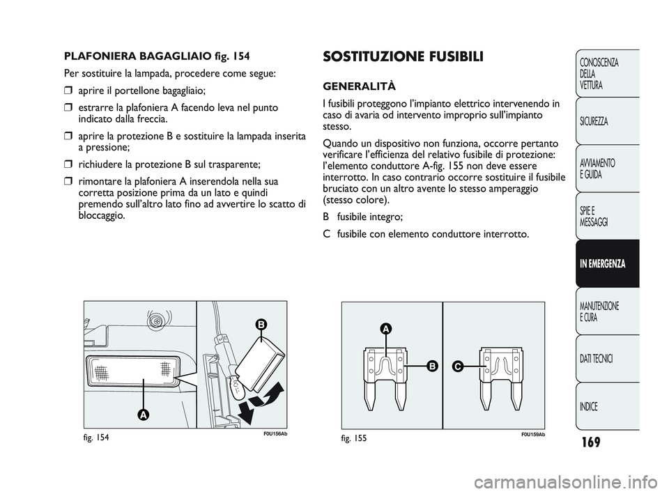 Abarth Punto 2012 Libretto Uso Manutenzione (in Italian) 169
CONOSCENZA
DELLA
VETTURA
SICUREZZA
AVVIAMENTO
E GUIDA
SPIE E
MESSAGGI
IN EMERGENZA
MANUTENZIONE
E CURA
DATI TECNICI
INDICE
F0U156Abfig. 154
PLAFONIERA BAGAGLIAIO fig. 154
Per sostituire la lampad Abarth Punto 2012 Libretto Uso Manutenzione (in Italian) 169
CONOSCENZA
DELLA
VETTURA
SICUREZZA
AVVIAMENTO
E GUIDA
SPIE E
MESSAGGI
IN EMERGENZA
MANUTENZIONE
E CURA
DATI TECNICI
INDICE
F0U156Abfig. 154
PLAFONIERA BAGAGLIAIO fig. 154
Per sostituire la lampad