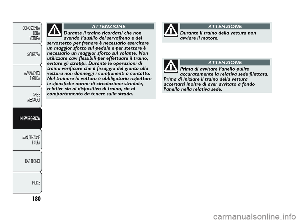 Abarth Punto 2012 Libretto Uso Manutenzione (in Italian) INDICE
DATI TECNICI
MANUTENZIONE
E CURA
IN EMERGENZA SPIE E
MESSAGGI
A
VVIAMENTO
E GUIDA
SICUREZZA
CONOSCENZA
DELLA
VETTURA
180
Durante il traino ricordarsi che non
avendo l’ausilio del servofreno Abarth Punto 2012 Libretto Uso Manutenzione (in Italian) INDICE
DATI TECNICI
MANUTENZIONE
E CURA
IN EMERGENZA SPIE E
MESSAGGI
A
VVIAMENTO
E GUIDA
SICUREZZA
CONOSCENZA
DELLA
VETTURA
180
Durante il traino ricordarsi che non
avendo l’ausilio del servofreno