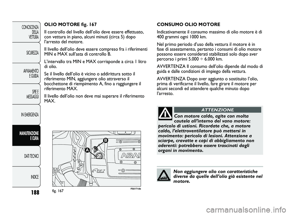 Abarth Punto 2012 Libretto Uso Manutenzione (in Italian) 188
CONOSCENZADELLA
VETTURA
SICUREZZA
AVVIAMENTO E GUIDA
SPIE E
MESSAGGI
IN EMERGENZA
MANUTENZIONE E CURA
DATI TECNICI
INDICE
F0U171Abfig. 167
OLIO MOTORE fig. 167
Il controllo del livello dell’oli Abarth Punto 2012 Libretto Uso Manutenzione (in Italian) 188
CONOSCENZADELLA
VETTURA
SICUREZZA
AVVIAMENTO E GUIDA
SPIE E
MESSAGGI
IN EMERGENZA
MANUTENZIONE E CURA
DATI TECNICI
INDICE
F0U171Abfig. 167
OLIO MOTORE fig. 167
Il controllo del livello dell’oli