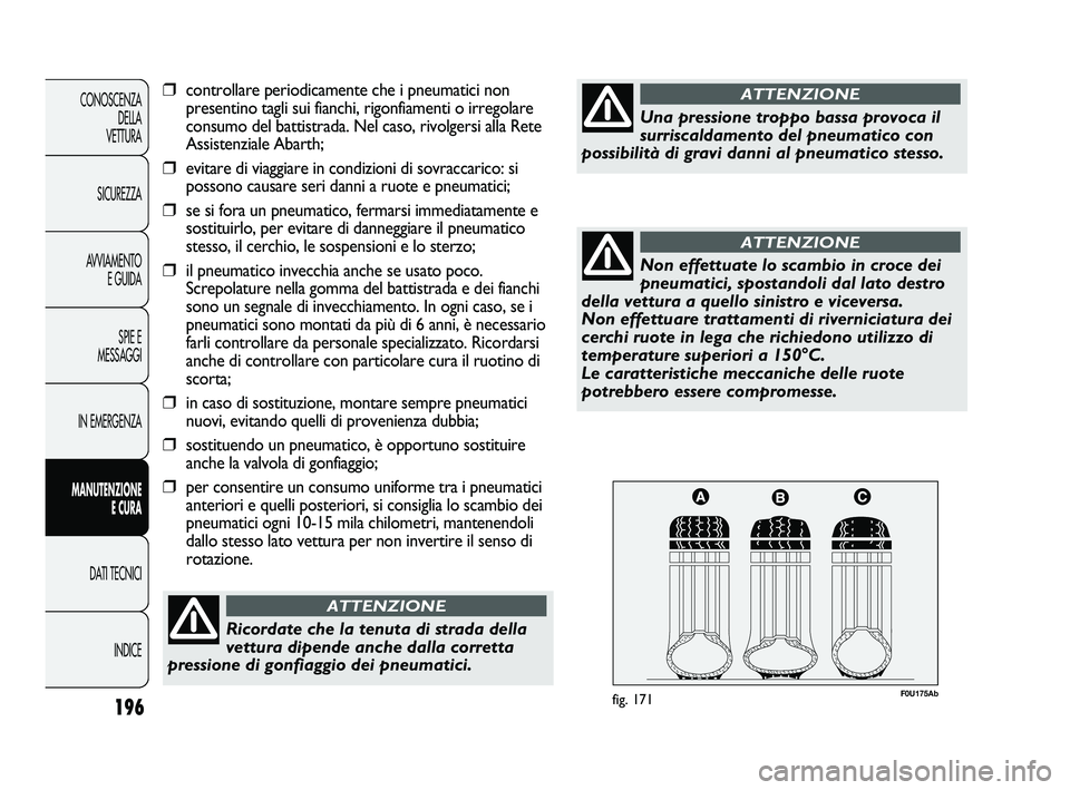 Abarth Punto 2012 Libretto Uso Manutenzione (in Italian) 196
CONOSCENZADELLA
VETTURA
SICUREZZA
AVVIAMENTO E GUIDA
SPIE E
MESSAGGI
IN EMERGENZA
MANUTENZIONE E CURA
DATI TECNICI
INDICE
F0U175Abfig. 171
Ricordate che la tenuta di strada della
vettura dipende Abarth Punto 2012 Libretto Uso Manutenzione (in Italian) 196
CONOSCENZADELLA
VETTURA
SICUREZZA
AVVIAMENTO E GUIDA
SPIE E
MESSAGGI
IN EMERGENZA
MANUTENZIONE E CURA
DATI TECNICI
INDICE
F0U175Abfig. 171
Ricordate che la tenuta di strada della
vettura dipende