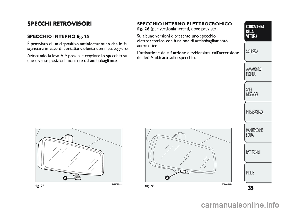 Abarth Punto 2012  Libretto Uso Manutenzione (in Italian) INDICE DATI TECNICI
MANUTENZIONE
E CURA
IN EMERGENZA SPIE E
MESSAGGI AVVIAMENTO
E GUIDA SICUREZZA
CONOSCENZA
DELLA
VETTURA
35
SPECCHIO INTERNO ELETTROCROMICO
fig. 26 
(per versioni/mercati, dove previ