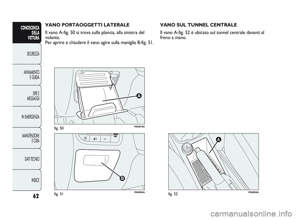 Abarth Punto 2012  Libretto Uso Manutenzione (in Italian) 62
CONOSCENZADELLA 
VETTURA
SICUREZZA
A

VVIAMENTO E GUIDA
SPIE E
MESSAGGI
IN EMERGENZA
MANUTENZIONE E CURA
DATI TECNICI
INDICE
F0U051Abfig. 50
F0U050Abfig. 51
VANO PORTAOGGETTI LATERALE
Il vano A-fig