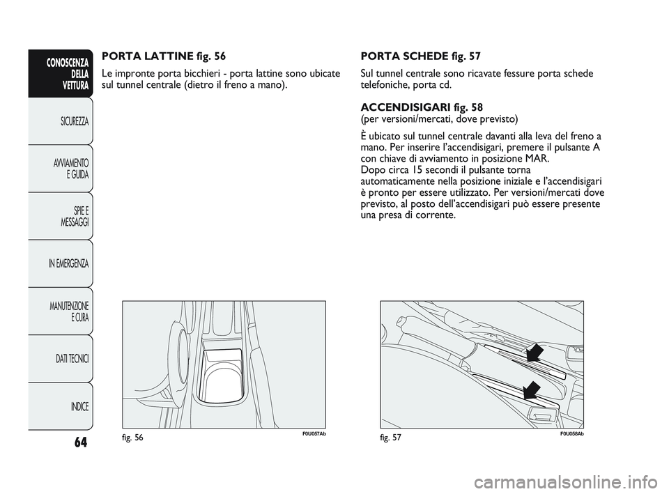 Abarth Punto 2012  Libretto Uso Manutenzione (in Italian) 64
CONOSCENZADELLA 
VETTURA
SICUREZZA
A

VVIAMENTO E GUIDA
SPIE E
MESSAGGI
IN EMERGENZA
MANUTENZIONE E CURA
DATI TECNICI
INDICE
F0U057Abfig. 56
PORTA LATTINE fig. 56
Le impronte porta bicchieri - port