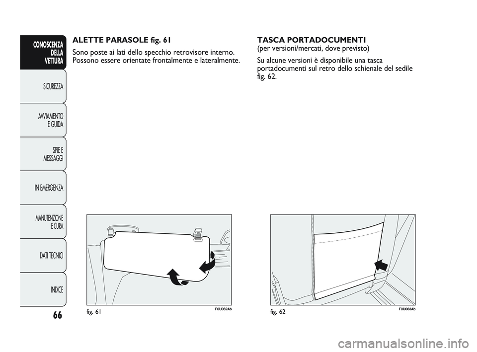 Abarth Punto 2012  Libretto Uso Manutenzione (in Italian) 66
CONOSCENZADELLA 
VETTURA
SICUREZZA
A

VVIAMENTO E GUIDA
SPIE E
MESSAGGI
IN EMERGENZA
MANUTENZIONE E CURA
DATI TECNICI
INDICE
F0U062Abfig. 61
ALETTE PARASOLE fig. 61
Sono poste ai lati dello specchi