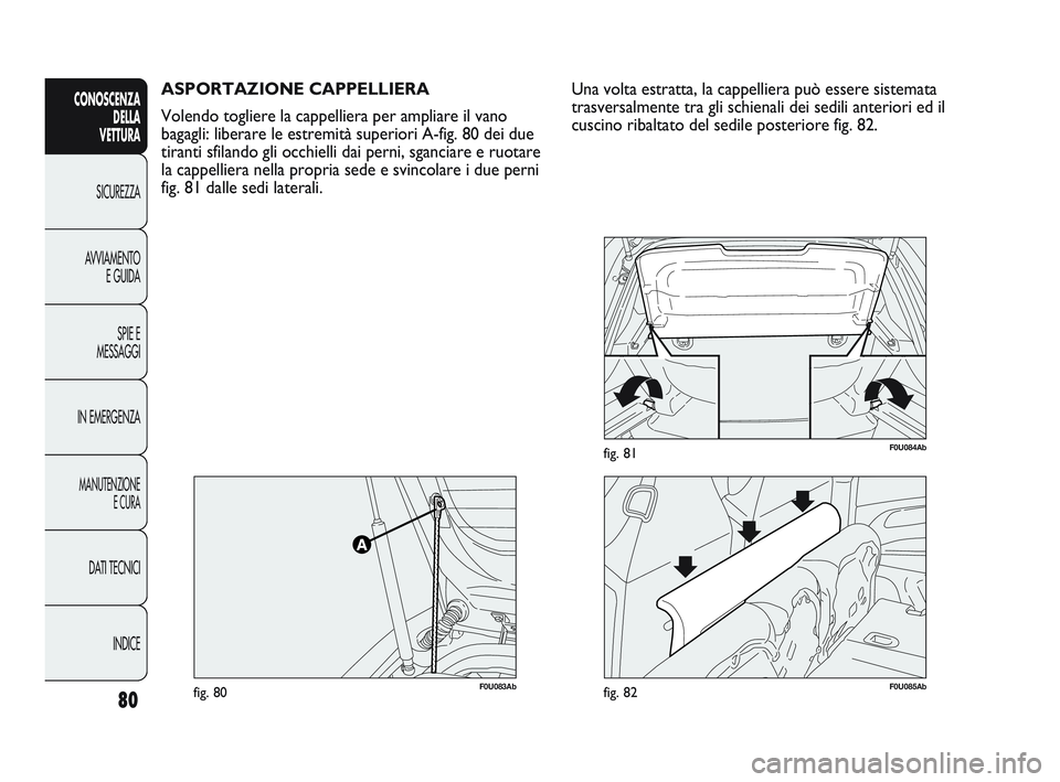 Abarth Punto 2012  Libretto Uso Manutenzione (in Italian) 80
CONOSCENZADELLA 
VETTURA
SICUREZZA
A

VVIAMENTO E GUIDA
SPIE E
MESSAGGI
IN EMERGENZA
MANUTENZIONE E CURA
DATI TECNICI
INDICE
ASPORTAZIONE CAPPELLIERA
Volendo togliere la cappelliera per ampliare il