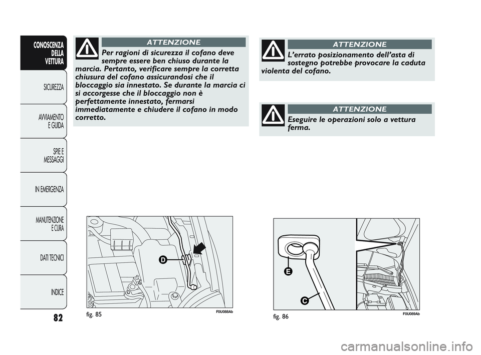 Abarth Punto 2012  Libretto Uso Manutenzione (in Italian) 82
CONOSCENZADELLA 
VETTURA
SICUREZZA
A

VVIAMENTO E GUIDA
SPIE E
MESSAGGI
IN EMERGENZA
MANUTENZIONE E CURA
DATI TECNICI
INDICE
F0U088Abfig. 85
Per ragioni di sicurezza il cofano deve
sempre essere be