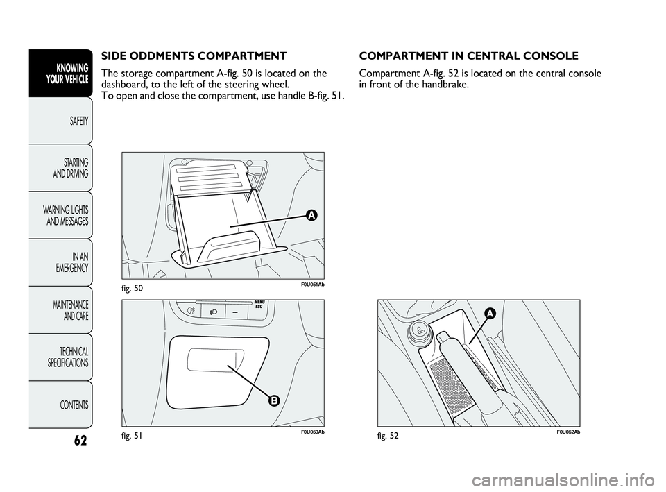 Abarth Punto 2018  Owner handbook (in English) 62
KNOWING
YOUR VEHICLE
SAFETY
STARTING 
AND DRIVING
WARNING LIGHTS
AND MESSAGES
IN AN 
EMERGENCY
MAINTENANCE
AND CARE
TECHNICAL
SPECIFICATIONS
CONTENTS
F0U051Abfig. 50
F0U050Abfig. 51
SIDE ODDMENTS C
