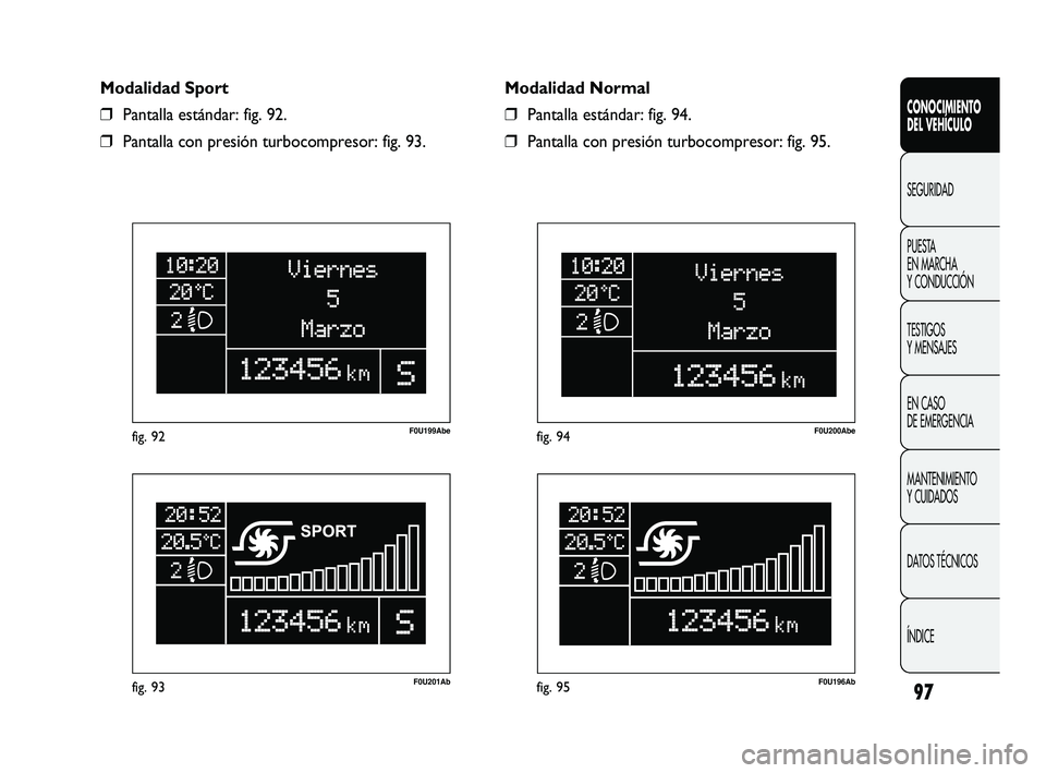 Abarth Punto 2012  Manual de Empleo y Cuidado (in Spanish) 97
CONOCIMIENTO 
DEL VEHÍCULO
SEGURIDAD
PUEST
 A 
EN MARCHA 
Y CONDUCCIÓN
TESTIGOS 
Y MENSAJES
EN CASO 
DE EMERGENCIA
MANTENIMIENTO 
Y CUIDADOS
DATOS TÉCNICOS
ÍNDICE
F0U201Abfig. 93
F0U199Abefig. 