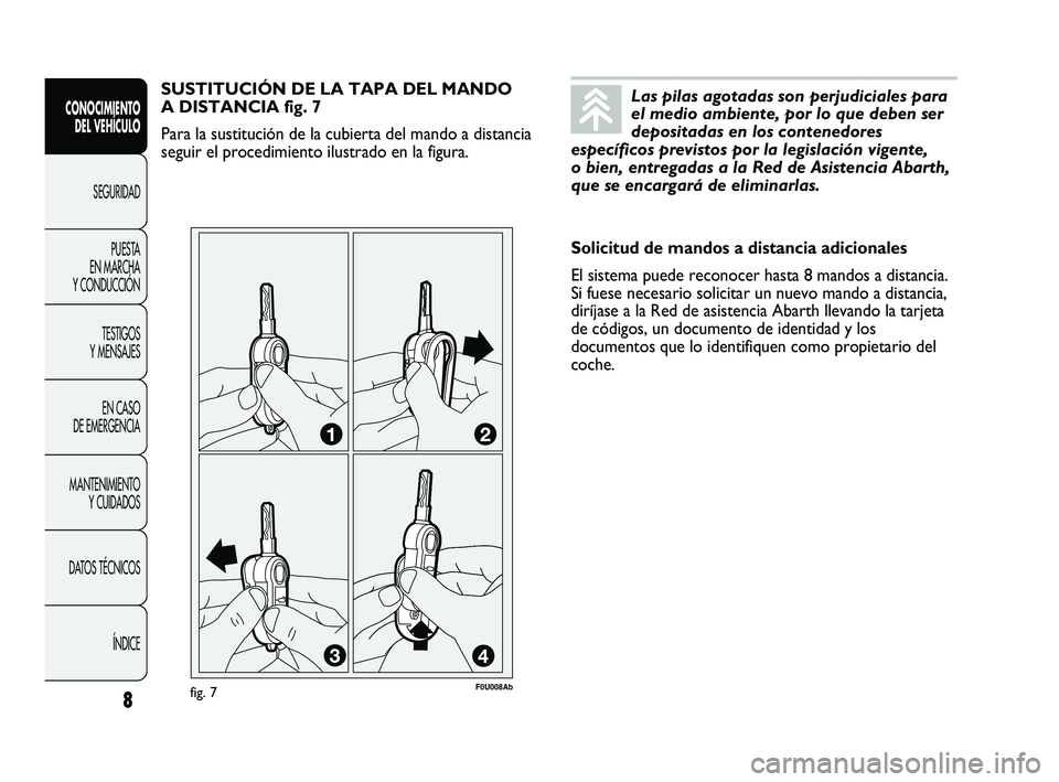 Abarth Punto 2012  Manual de Empleo y Cuidado (in Spanish) Las pilas agotadas son perjudiciales para
el medio ambiente, por lo que deben ser
depositadas en los contenedores
específicos previstos por la legislación vigente,
o bien, entregadas a la Red de Asi