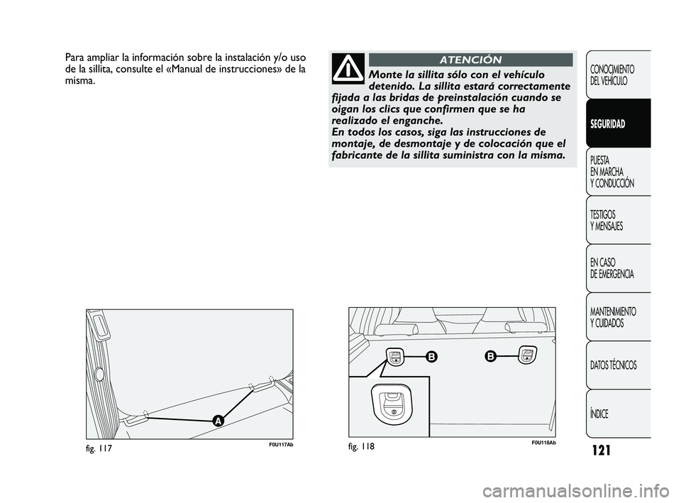 Abarth Punto 2012  Manual de Empleo y Cuidado (in Spanish) 121
CONOCIMIENTO 
DEL VEHÍCULO
SEGURIDAD
PUESTA 
EN MARCHA 
Y CONDUCCIÓN
TESTIGOS 
Y MENSAJES
EN CASO 
DE EMERGENCIA
MANTENIMIENTO 
Y CUIDADOS
DA

TOS TÉCNICOS
ÍNDICE
Para ampliar la información 