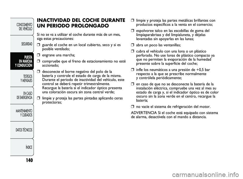 Abarth Punto 2012  Manual de Empleo y Cuidado (in Spanish) 140
CONOCIMIENTO DEL VEHÍCULO
SEGURIDAD PUESTA 
EN MARCHA 
Y CONDUCCIÓN
TESTIGOS 
Y MENSAJES
EN CASO 
DE EMERGENCIA
MANTENIMIENTO  Y CUIDADOS
DA

TOS TÉCNICOS ÍNDICE
❒limpie y proteja las partes