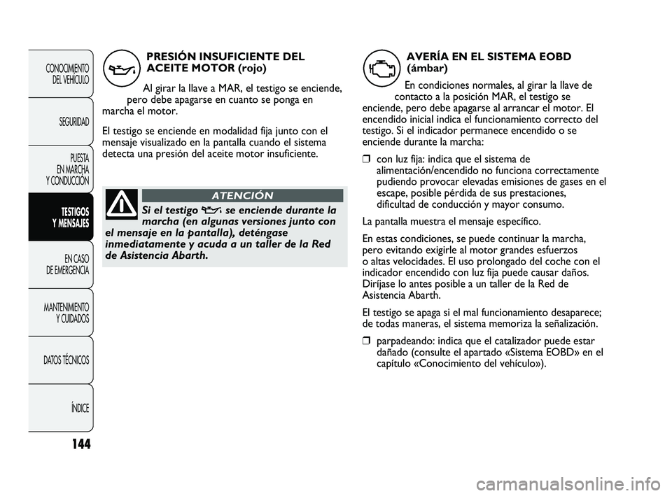 Abarth Punto 2012  Manual de Empleo y Cuidado (in Spanish) 144
CONOCIMIENTO DEL VEHÍCULO
SEGURIDAD PUESTA 
EN MARCHA 
Y CONDUCCIÓN
TESTIGOS 
Y MENSAJES
EN CASO 
DE EMERGENCIA
MANTENIMIENTO  Y CUIDADOS
DA

TOS TÉCNICOS ÍNDICE
PRESIÓN INSUFICIENTE DELACEIT
