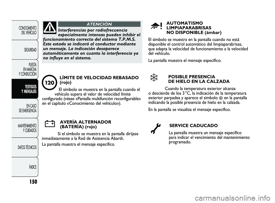 Abarth Punto 2012  Manual de Empleo y Cuidado (in Spanish) 150
CONOCIMIENTO DEL VEHÍCULO
SEGURIDAD PUESTA 
EN MARCHA 
Y CONDUCCIÓN
TESTIGOS 
Y MENSAJES
EN CASO 
DE EMERGENCIA
MANTENIMIENTO  Y CUIDADOS
DA

TOS TÉCNICOS ÍNDICE
Interferencias por radiofrecue