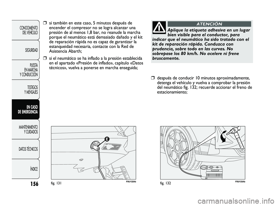 Abarth Punto 2012  Manual de Empleo y Cuidado (in Spanish) 156
CONOCIMIENTO DEL VEHÍCULO
SEGURIDAD PUESTA 
EN MARCHA 
Y CONDUCCIÓN
TESTIGOS 
Y MENSAJES
EN CASO 
DE EMERGENCIA
MANTENIMIENTO  Y CUIDADOS
DA

TOS TÉCNICOS ÍNDICE
F0U133Abfig. 132
❒después d