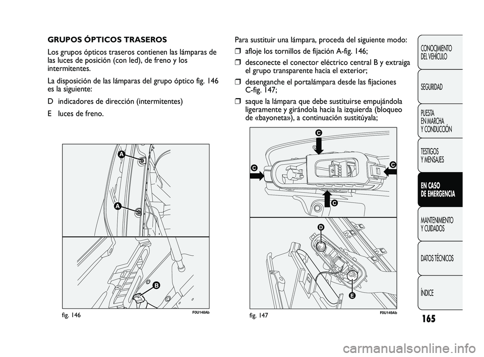 Abarth Punto 2012  Manual de Empleo y Cuidado (in Spanish) 165
CONOCIMIENTO 
DEL VEHÍCULO
SEGURIDAD
PUESTA 
EN MARCHA 
Y CONDUCCIÓN
TESTIGOS 
Y MENSAJES
EN CASO 
DE EMERGENCIA
MANTENIMIENTO 
Y CUIDADOS
DA

TOS TÉCNICOS
ÍNDICE
GRUPOS ÓPTICOS TRASEROS 
Los