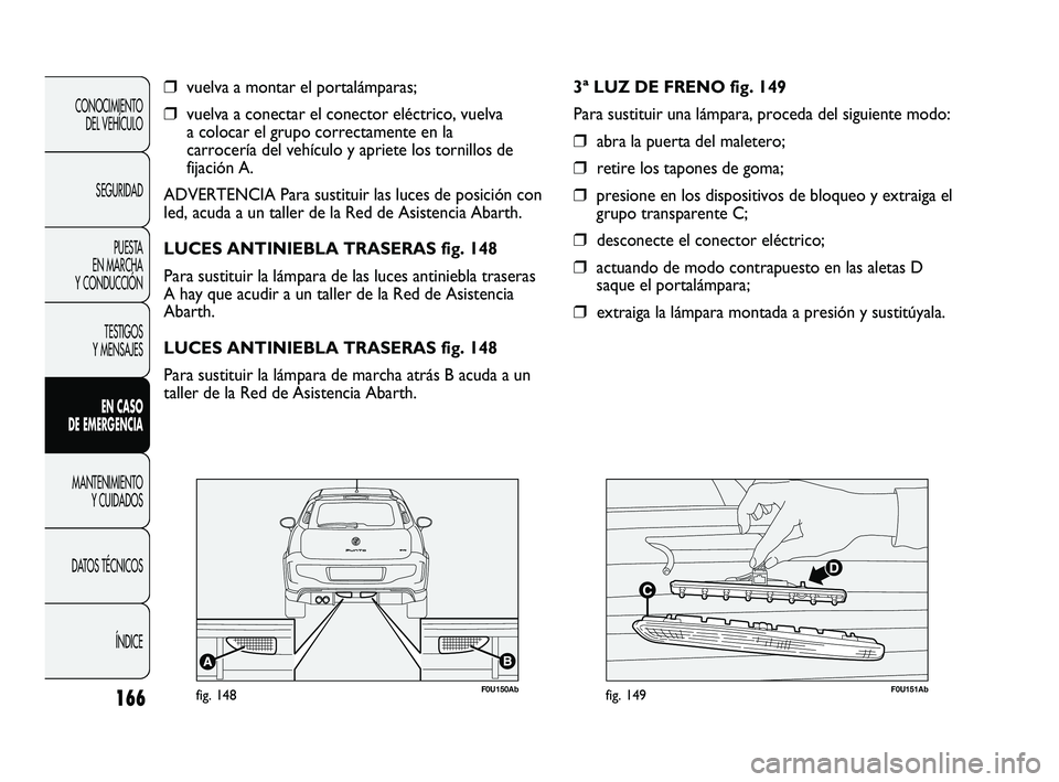 Abarth Punto 2012  Manual de Empleo y Cuidado (in Spanish) 166
CONOCIMIENTO DEL VEHÍCULO
SEGURIDAD PUESTA 
EN MARCHA 
Y CONDUCCIÓN
TESTIGOS 
Y MENSAJES
EN CASO 
DE EMERGENCIA
MANTENIMIENTO  Y CUIDADOS
DA

TOS TÉCNICOS ÍNDICE
❒vuelva a montar el portalá