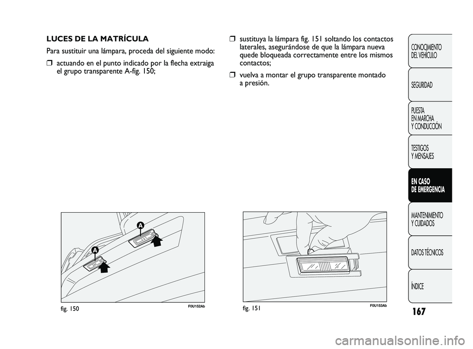 Abarth Punto 2012  Manual de Empleo y Cuidado (in Spanish) 167
CONOCIMIENTO 
DEL VEHÍCULO
SEGURIDAD
PUESTA 
EN MARCHA 
Y CONDUCCIÓN
TESTIGOS 
Y MENSAJES
EN CASO 
DE EMERGENCIA
MANTENIMIENTO 
Y CUIDADOS
DA

TOS TÉCNICOS
ÍNDICE
LUCES DE LA MATRÍCULA
Para s