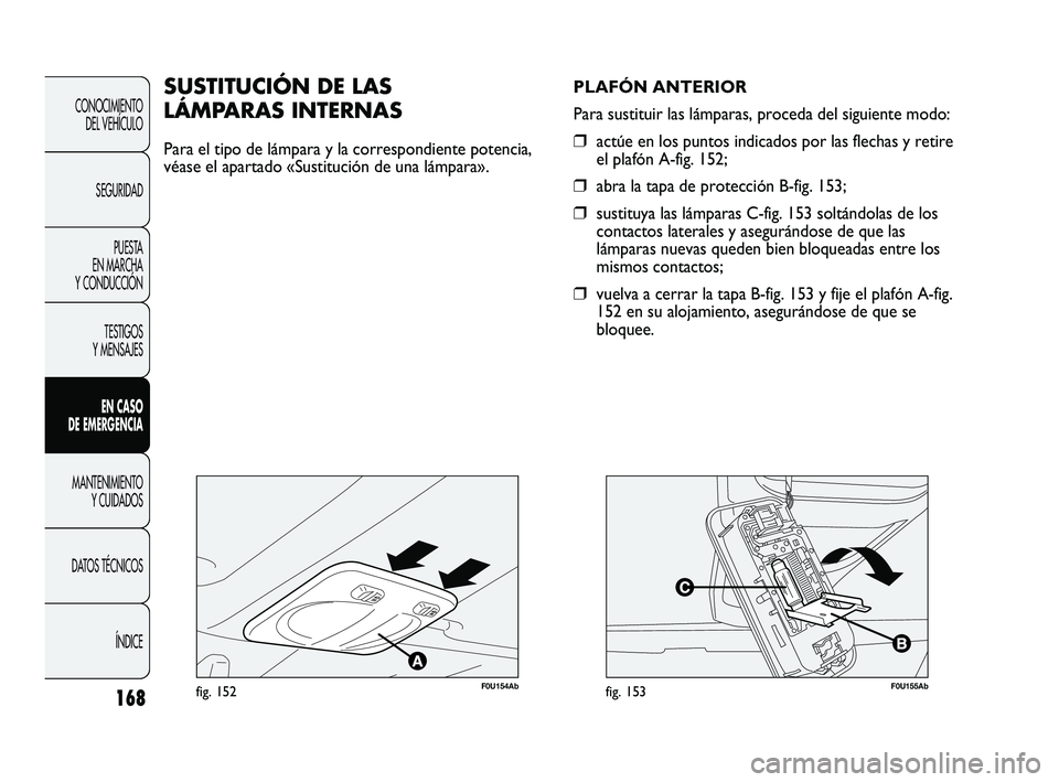 Abarth Punto 2012  Manual de Empleo y Cuidado (in Spanish) 168
CONOCIMIENTO DEL VEHÍCULO
SEGURIDAD PUESTA 
EN MARCHA 
Y CONDUCCIÓN
TESTIGOS 
Y MENSAJES
EN CASO 
DE EMERGENCIA
MANTENIMIENTO  Y CUIDADOS
DA

TOS TÉCNICOS ÍNDICE
F0U154Abfig. 152
SUSTITUCIÓN 