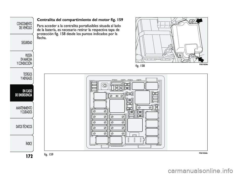 Abarth Punto 2012  Manual de Empleo y Cuidado (in Spanish) 172
CONOCIMIENTO DEL VEHÍCULO
SEGURIDAD PUESTA 
EN MARCHA 
Y CONDUCCIÓN
TESTIGOS 
Y MENSAJES
EN CASO 
DE EMERGENCIA
MANTENIMIENTO  Y CUIDADOS
DA

TOS TÉCNICOS ÍNDICE
F0U162Abfig. 158
F0U163Abfig. 