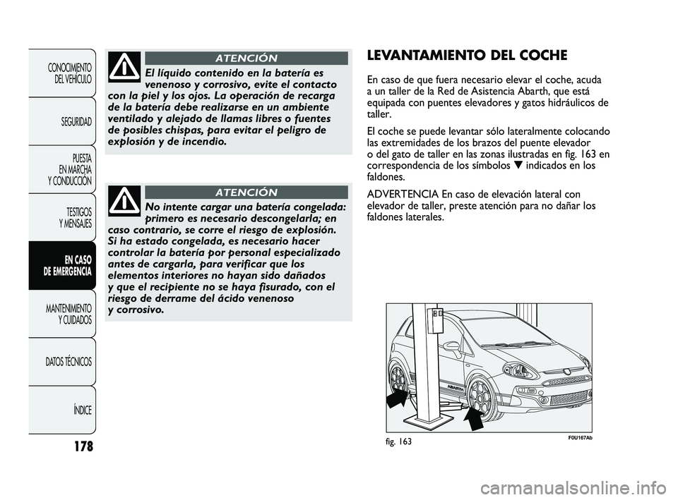 Abarth Punto 2012  Manual de Empleo y Cuidado (in Spanish) 178
CONOCIMIENTO DEL VEHÍCULO
SEGURIDAD PUESTA 
EN MARCHA 
Y CONDUCCIÓN
TESTIGOS 
Y MENSAJES
EN CASO 
DE EMERGENCIA
MANTENIMIENTO  Y CUIDADOS
DA

TOS TÉCNICOS ÍNDICE
El líquido contenido en la ba
