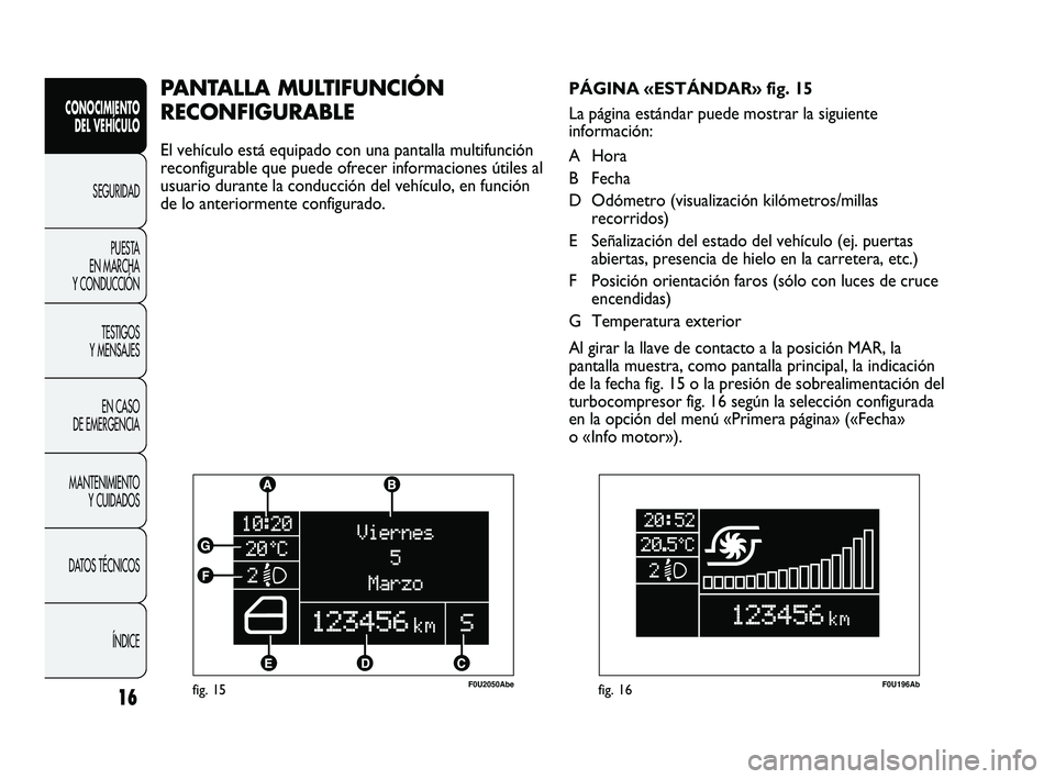 Abarth Punto 2012  Manual de Empleo y Cuidado (in Spanish) 16
CONOCIMIENTO DEL VEHÍCULO
SEGURIDADPUEST
 A 
EN MARCHA 
Y CONDUCCIÓN
TESTIGOS 
Y MENSAJES
EN CASO 
DE EMERGENCIA
MANTENIMIENTO  Y CUIDADOS
DATOS TÉCNICOS
ÍNDICE
fig. 15F0U2050Abe
PANTALLA MULTI