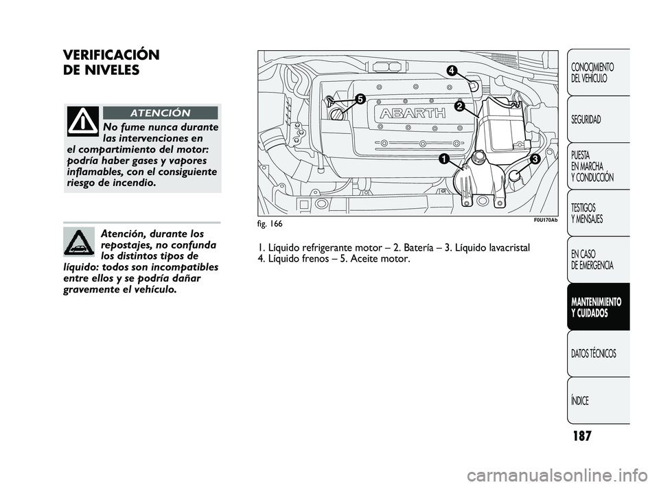 Abarth Punto 2012  Manual de Empleo y Cuidado (in Spanish) 187
VERIFICACIÓN 
DE NIVELES
CONOCIMIENTO 
DEL VEHÍCULO
SEGURIDAD
PUESTA 
EN MARCHA 
Y CONDUCCIÓN
TESTIGOS 
Y MENSAJES
EN CASO 
DE EMERGENCIA
MANTENIMIENTO 
Y CUIDADOS
DATOS TÉCNICOS
ÍNDICE
fig. 