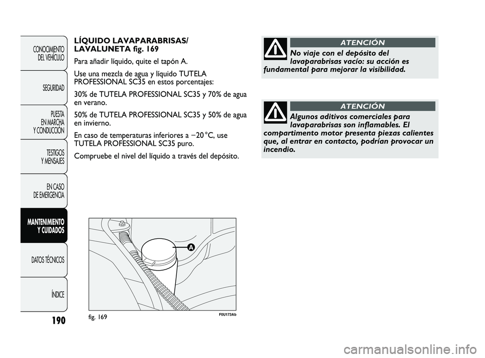 Abarth Punto 2012  Manual de Empleo y Cuidado (in Spanish) F0U173Abfig. 169190
CONOCIMIENTO DEL VEHÍCULO
SEGURIDAD PUESTA 
EN MARCHA 
Y CONDUCCIÓN
TESTIGOS 
Y MENSAJES
EN CASO 
DE EMERGENCIA
MANTENIMIENTO  Y CUIDADOS
DATOS TÉCNICOS
ÍNDICE
LÍQUIDO LAVAPAR
