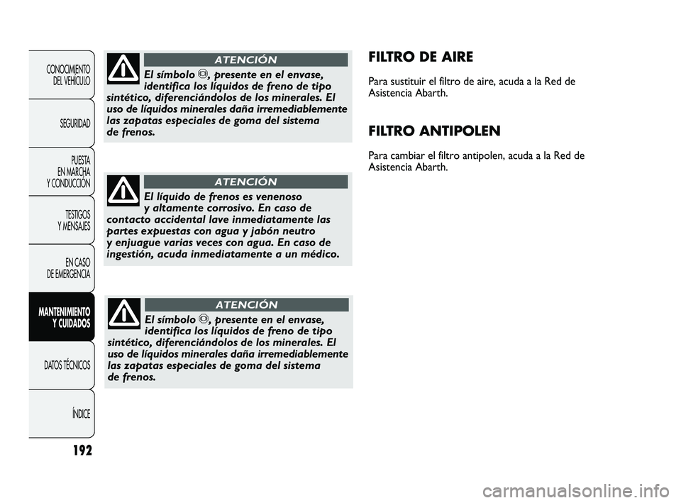 Abarth Punto 2012  Manual de Empleo y Cuidado (in Spanish) 192
CONOCIMIENTO DEL VEHÍCULO
SEGURIDAD PUESTA 
EN MARCHA 
Y CONDUCCIÓN
TESTIGOS 
Y MENSAJES
EN CASO 
DE EMERGENCIA
MANTENIMIENTO  Y CUIDADOS
DATOS TÉCNICOS
ÍNDICE
FILTRO DE AIRE
Para sustituir el
