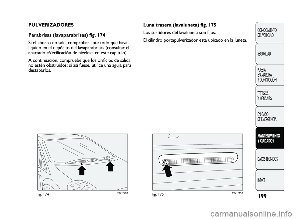 Abarth Punto 2012  Manual de Empleo y Cuidado (in Spanish) 199
F0U179Abfig. 174F0U178Abfig. 175
Luna trasera (lavaluneta) fig. 175
Los surtidores del lavaluneta son fijos.
El cilindro portapulverizador está ubicado en la luneta.
PULVERIZADORES
Parabrisas (la