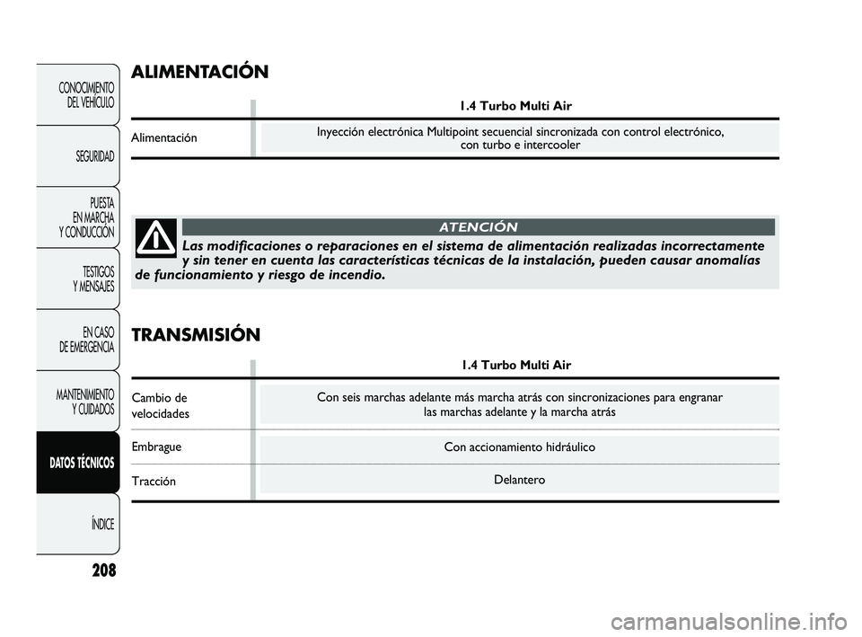 Abarth Punto 2012  Manual de Empleo y Cuidado (in Spanish) 208
CONOCIMIENTO DEL VEHÍCULO
SEGURIDAD PUESTA 
EN MARCHA 
Y CONDUCCIÓN
TESTIGOS 
Y MENSAJES
EN CASO 
DE EMERGENCIA
MANTENIMIENTO  Y CUIDADOS
DATOS TÉCNICOS
ÍNDICE
Con accionamiento hidráulicoDel