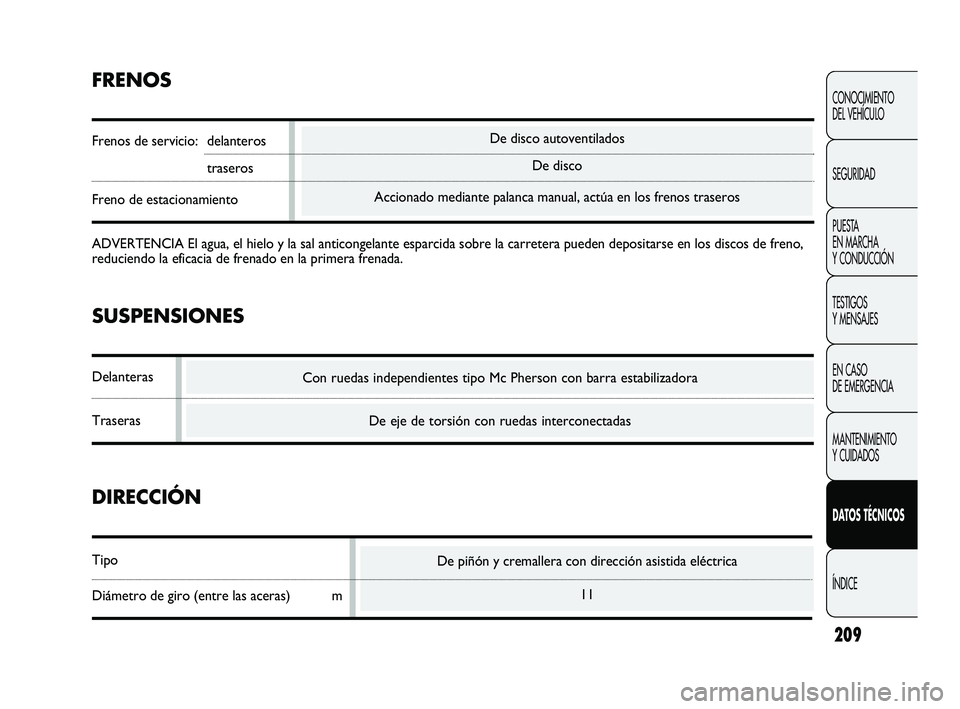 Abarth Punto 2012  Manual de Empleo y Cuidado (in Spanish) De piñón y cremallera con dirección asistida eléctrica11
De disco autoventiladosDe disco
Accionado mediante palanca manual, actúa en los frenos traseros
209
CONOCIMIENTO 
DEL VEHÍCULO
SEGURIDAD
