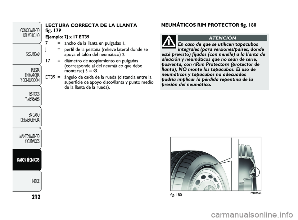 Abarth Punto 2012  Manual de Empleo y Cuidado (in Spanish) 212
CONOCIMIENTO DEL VEHÍCULO
SEGURIDAD PUESTA 
EN MARCHA 
Y CONDUCCIÓN
TESTIGOS 
Y MENSAJES
EN CASO 
DE EMERGENCIA
MANTENIMIENTO  Y CUIDADOS
DATOS TÉCNICOS
ÍNDICE
LECTURA CORRECTA DE LA LLANTA 
f