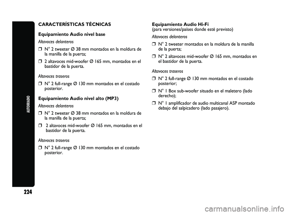 Abarth Punto 2012  Manual de Empleo y Cuidado (in Spanish) 224
AUTORRADIO
Equipamiento Audio Hi-Fi
(para versiones/países donde esté previsto)
Altavoces delanteros
❒N° 2 tweeter montados en la moldura de la manilla
de la puerta;
❒N° 2 altavoces mid-wo