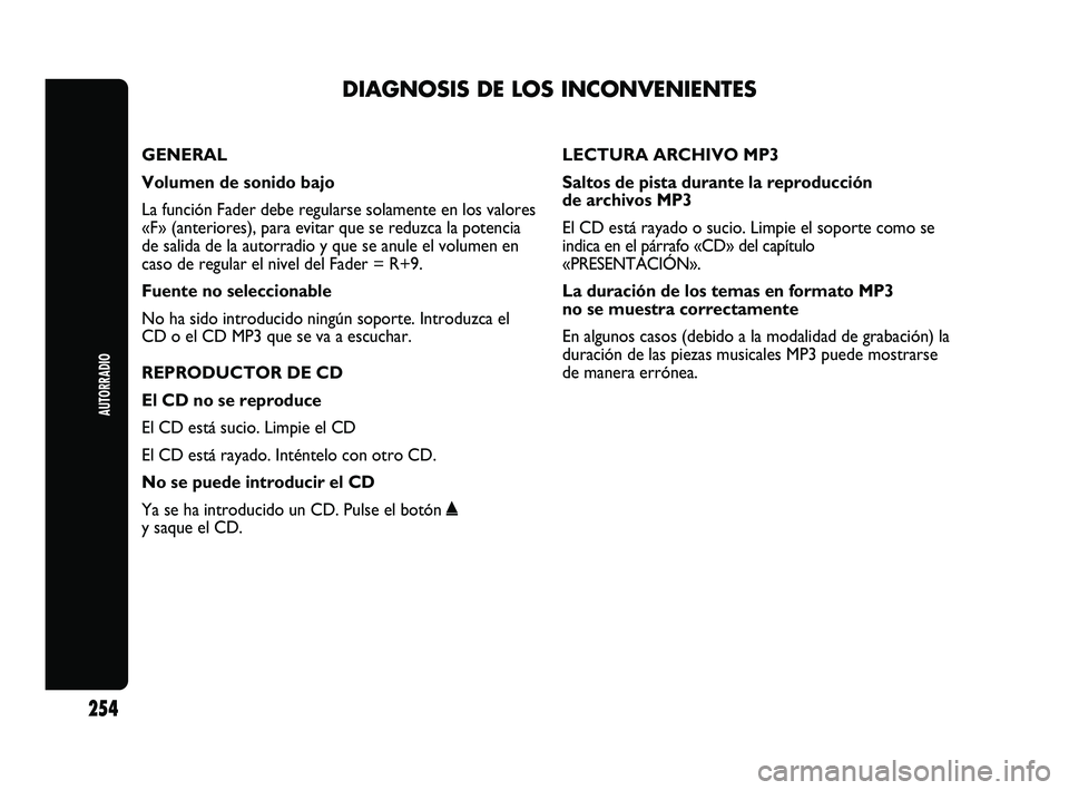 Abarth Punto 2012  Manual de Empleo y Cuidado (in Spanish) DIAGNOSIS DE LOS INCONVENIENTES
AUTORRADIO
254
GENERAL
Volumen de sonido bajo 
La función Fader debe regularse solamente en los valores
«F» (anteriores), para evitar que se reduzca la potencia
de s
