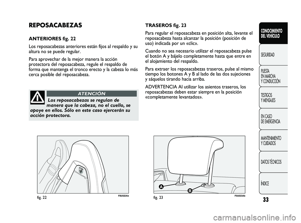 Abarth Punto 2012 Manual de Empleo y Cuidado (in Spanish) 33
CONOCIMIENTO
DEL VEHÍCULO
SEGURIDAD
PUEST
A
EN MARCHA
Y CONDUCCIÓN
TESTIGOS
Y MENSAJES
EN CASO
DE EMERGENCIA
MANTENIMIENTO
Y CUIDADOS
DATOS TÉCNICOS
ÍNDICE
Los reposacabezas se regulan d Abarth Punto 2012 Manual de Empleo y Cuidado (in Spanish) 33
CONOCIMIENTO
DEL VEHÍCULO
SEGURIDAD
PUEST
A
EN MARCHA
Y CONDUCCIÓN
TESTIGOS
Y MENSAJES
EN CASO
DE EMERGENCIA
MANTENIMIENTO
Y CUIDADOS
DATOS TÉCNICOS
ÍNDICE
Los reposacabezas se regulan d