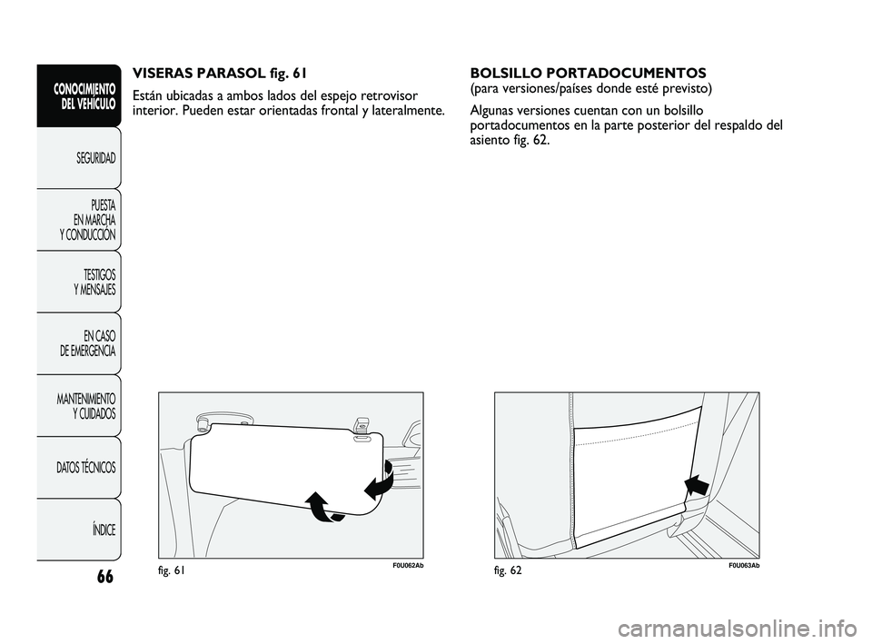 Abarth Punto 2012  Manual de Empleo y Cuidado (in Spanish) 66
CONOCIMIENTO DEL VEHÍCULO
SEGURIDADPUEST
 A 
EN MARCHA 
Y CONDUCCIÓN
TESTIGOS 
Y MENSAJES
EN CASO 
DE EMERGENCIA
MANTENIMIENTO  Y CUIDADOS
DATOS TÉCNICOS
ÍNDICE
F0U062Abfig. 61
VISERAS PARASOL 