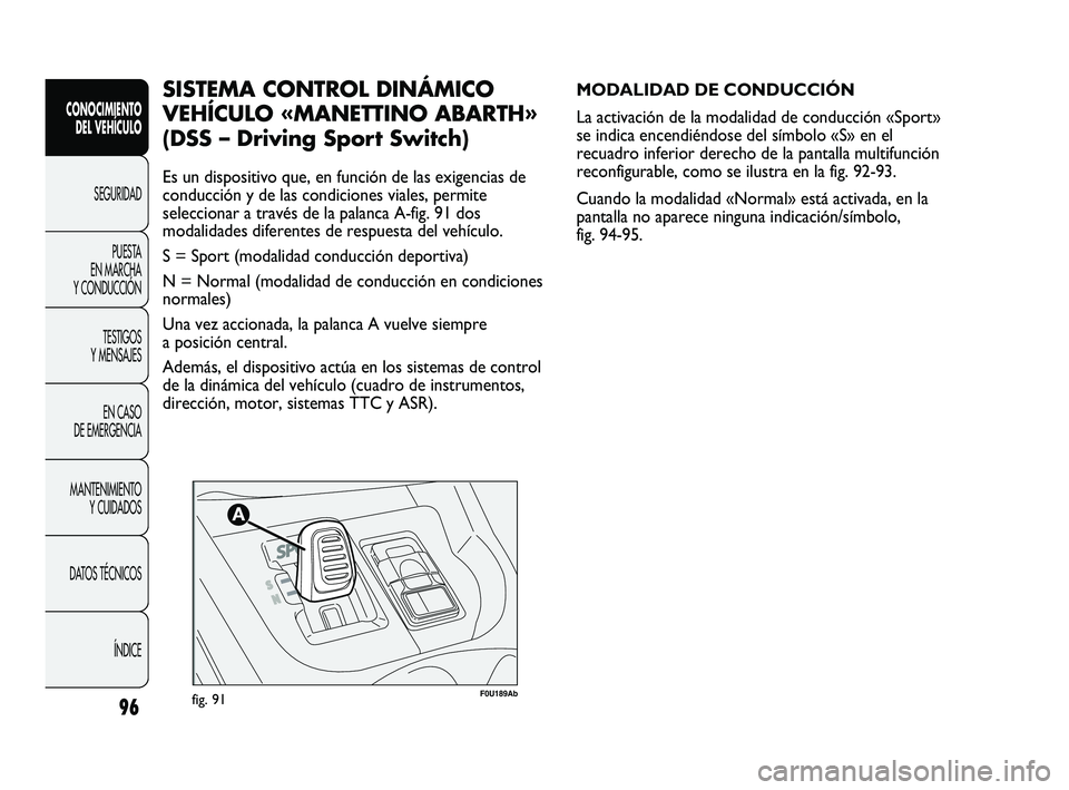 Abarth Punto 2012  Manual de Empleo y Cuidado (in Spanish) 96
CONOCIMIENTO DEL VEHÍCULO
SEGURIDADPUEST
 A 
EN MARCHA 
Y CONDUCCIÓN
TESTIGOS 
Y MENSAJES
EN CASO 
DE EMERGENCIA
MANTENIMIENTO  Y CUIDADOS
DATOS TÉCNICOS
ÍNDICE
F0U189Abfig. 91
MODALIDAD DE CON